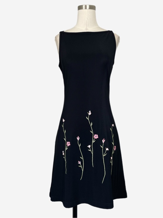 Vintage Dresses & Skirts - Vintage Y2K City Triangles Black boatneck floral embroidery rosette mini dress S